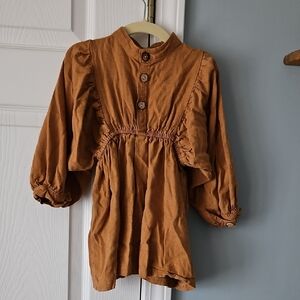 Linen Mustard Dress With Balloon Sleeves